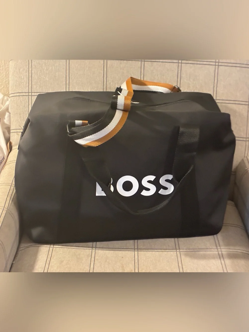 Ace!Hugo Boss Black Duffel Bag with White Logo and Royal Blue brown white strap
